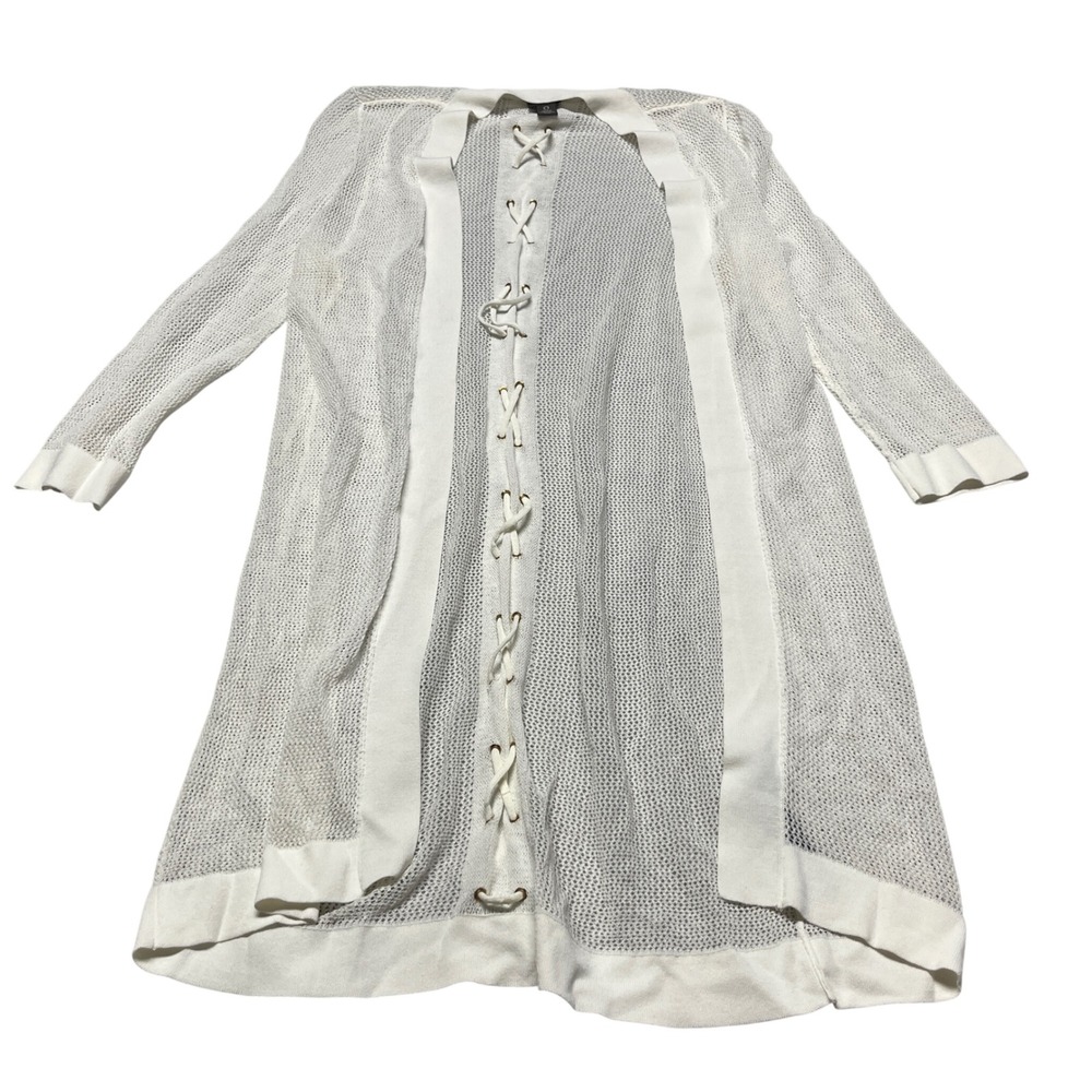 Chico's Travelers Collection Cardigan Womens 0 White Lace Up Mesh Knit Longline